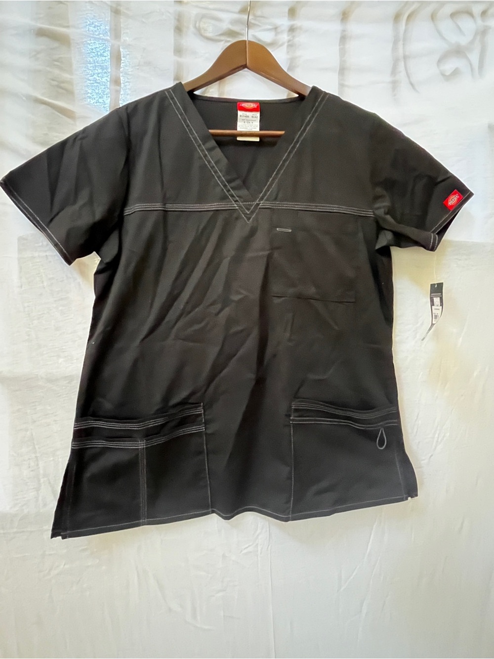 Dickies Men's Black V-Neck Scrub Top with Contrast Stitching